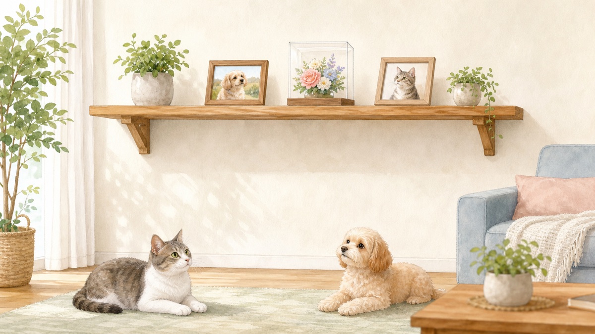 犬や猫の手が届かない高い棚にケース入りの花を飾るイメージ