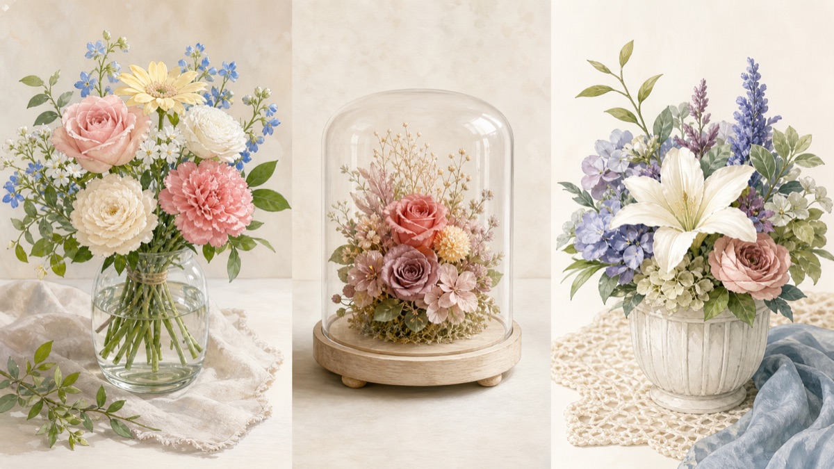 生花と加工した花飾りと造花を三つに分けて比較したイメージ