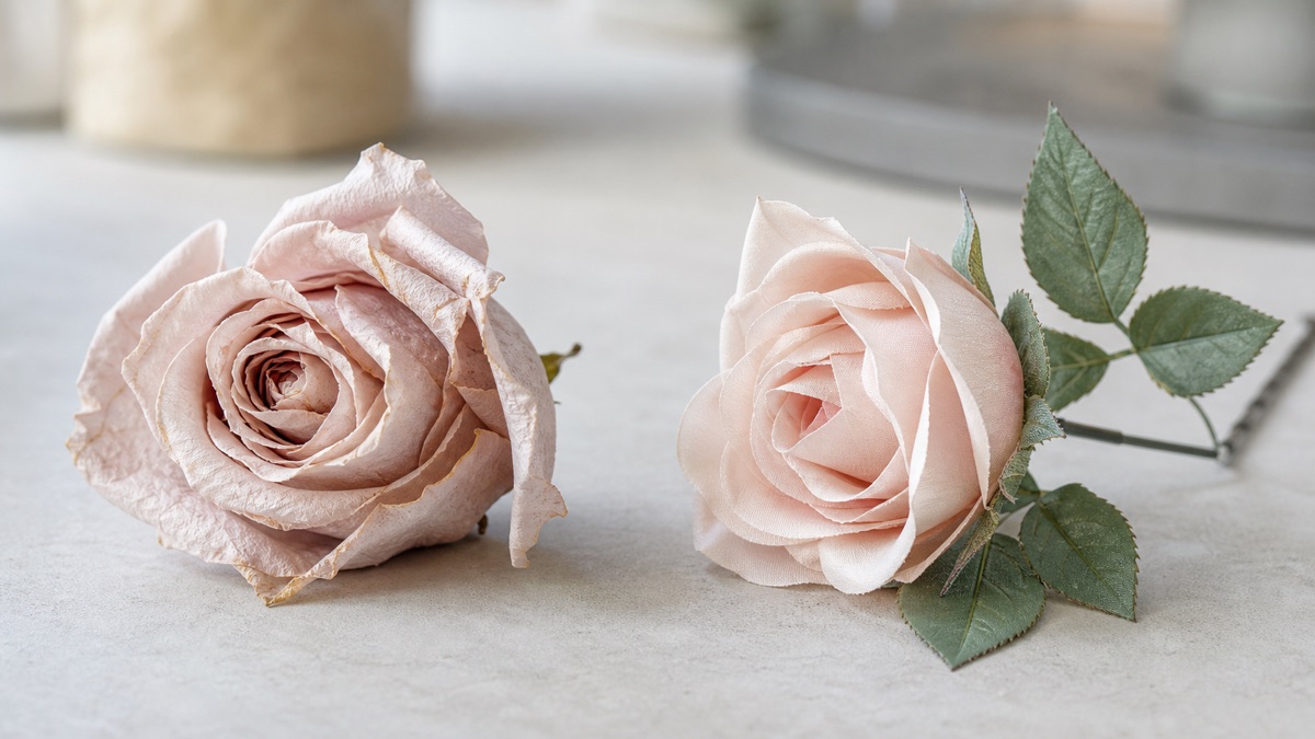 実花を加工した花びらと布素材で作られた花びらの質感を左右で比べる概念イメージ