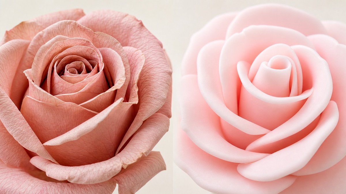 自然な葉脈のあるプリザーブドフラワーと滑らかなソープフラワーの花びらを左右で比べたイメージ