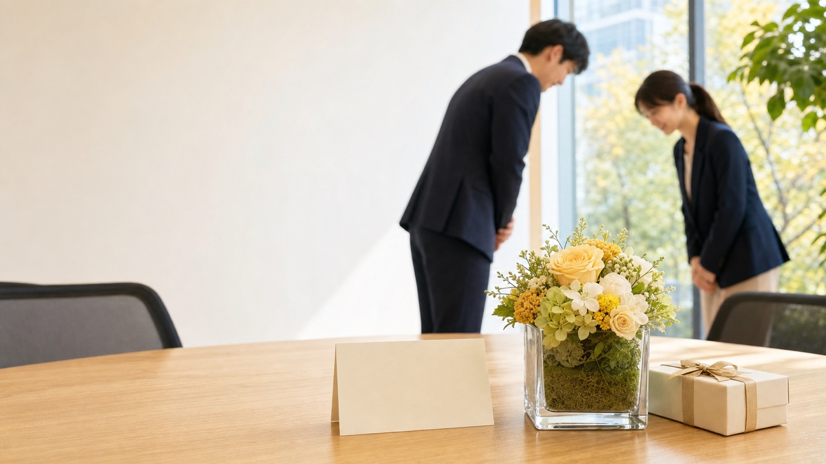 正式発表後に職場で昇進祝いの花ギフトを贈るイメージ