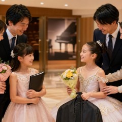 発表会後のロビーでピアノとバレエの出演者へ小さな花を贈る家族のイメージ