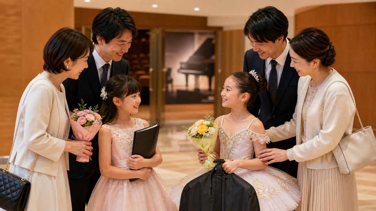 発表会後のロビーでピアノとバレエの出演者へ小さな花を贈る家族のイメージ