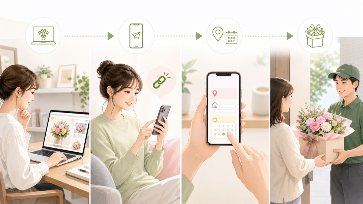 花ギフトを選びURLを送り受取人が住所と日程を入力して受け取る流れのイメージ
