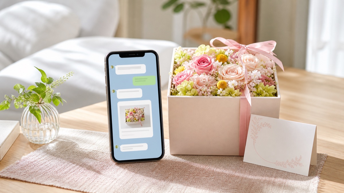 スマートフォンで花ギフトのURLを送るソーシャルギフトのイメージ
