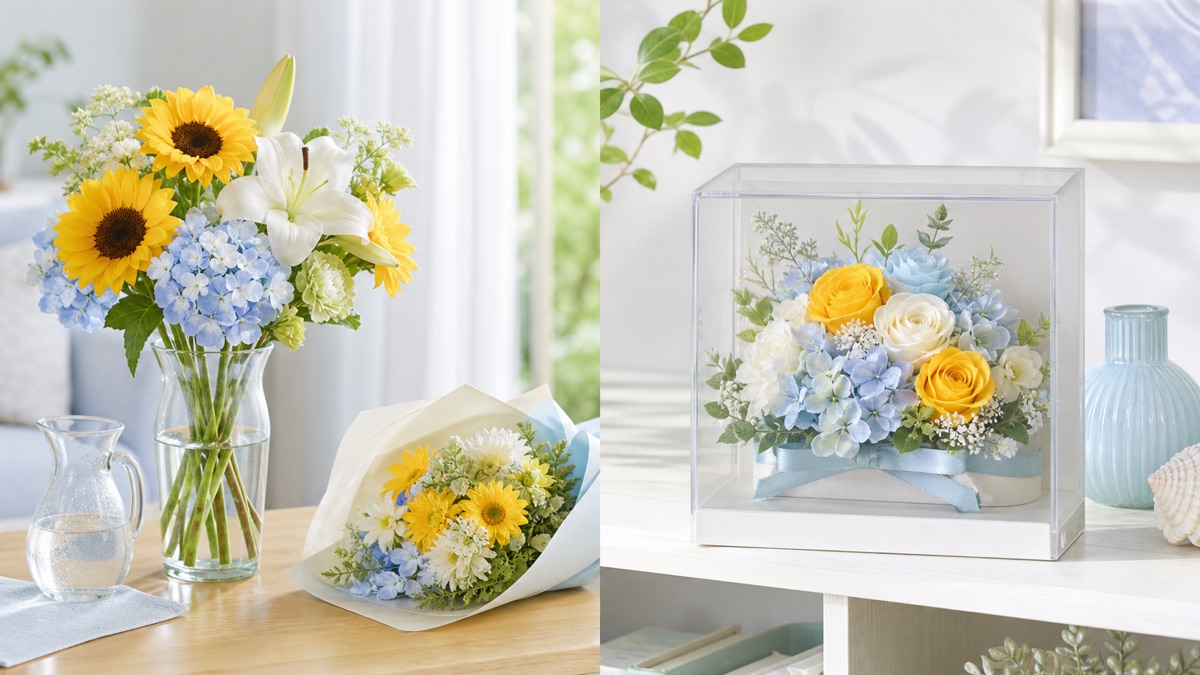生花の水替えとケース入りプリザーブドフラワーの飾りやすさを比較するイメージ