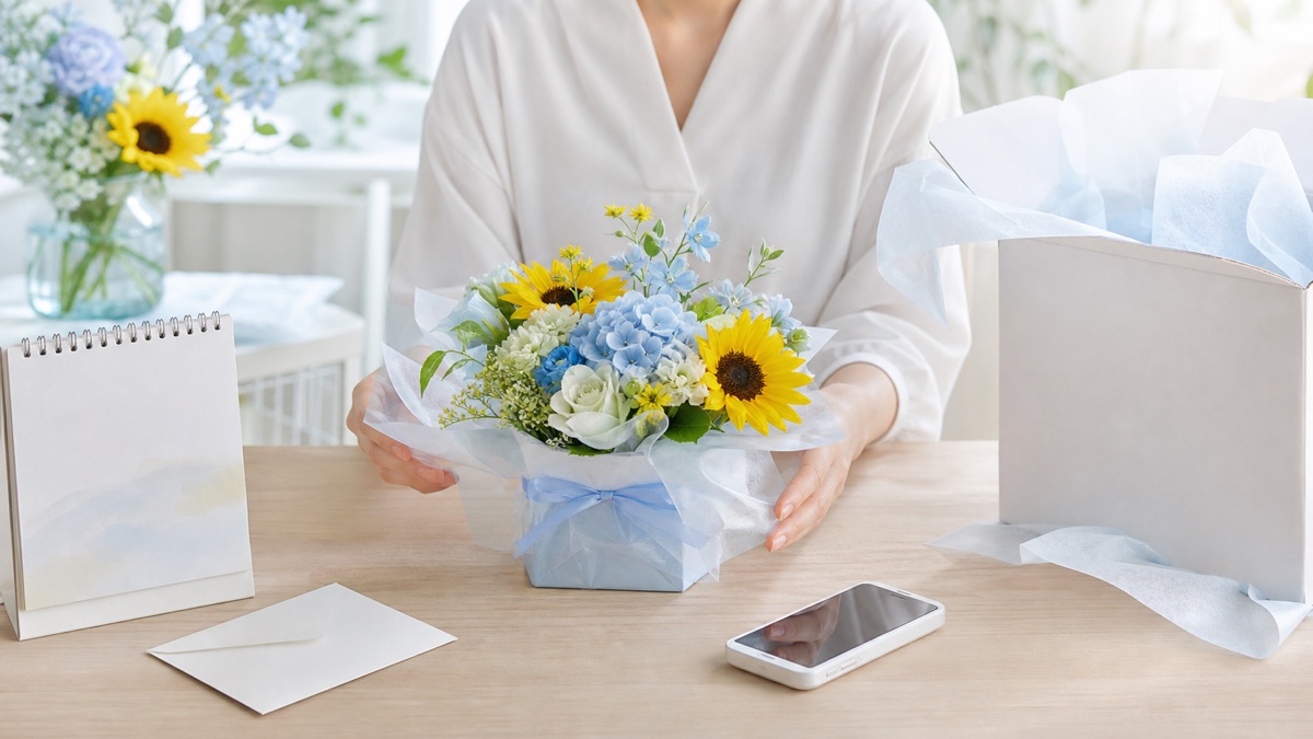 夏の花ギフトを配送する前に日付やメッセージを確認するイメージ