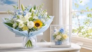 夏の窓辺で生花とプリザーブドフラワーを並べて比較するイメージ