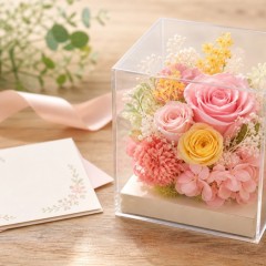 お礼のメッセージカードと小さなプリザーブドフラワーギフトのイメージ