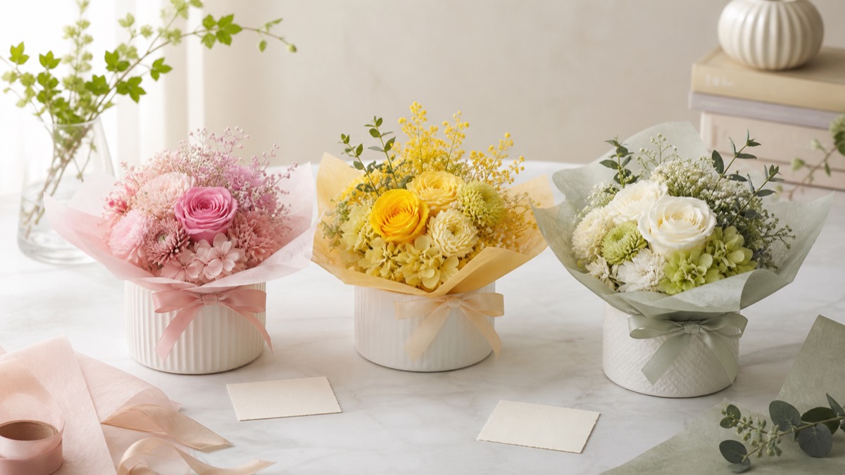 相手別に選ぶピンク、イエロー、ホワイトグリーンの花ギフトのイメージ