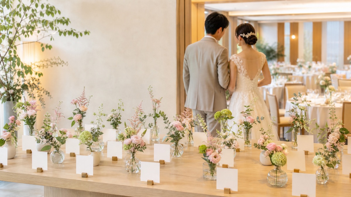結婚式の受付に花と白いエスコートカードを並べるイメージ