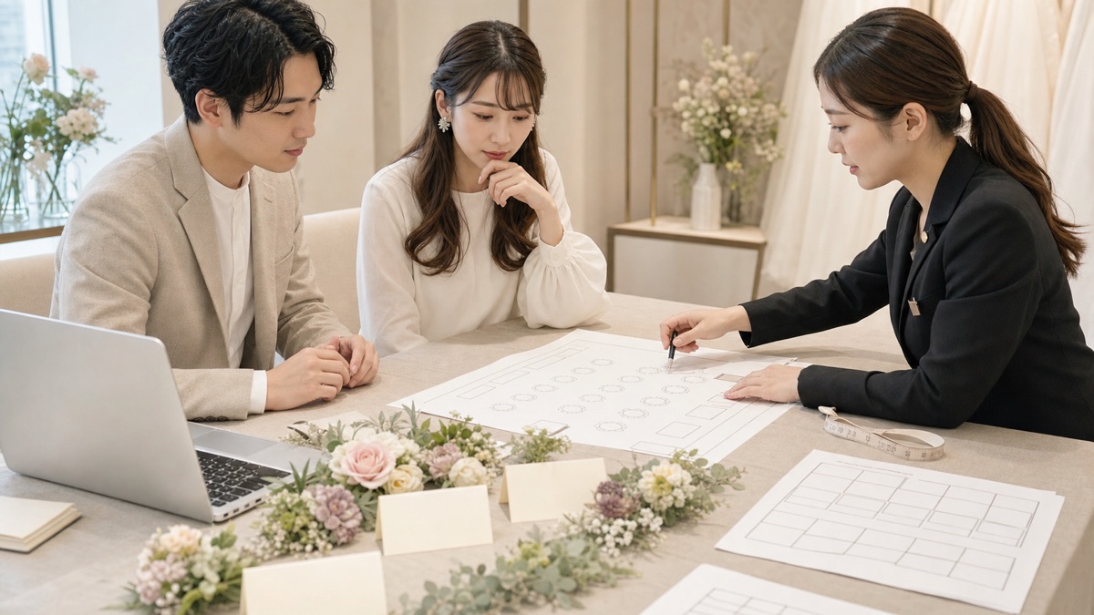 新郎新婦と会場担当者がゲスト名簿とテーブル配置を確認するイメージ