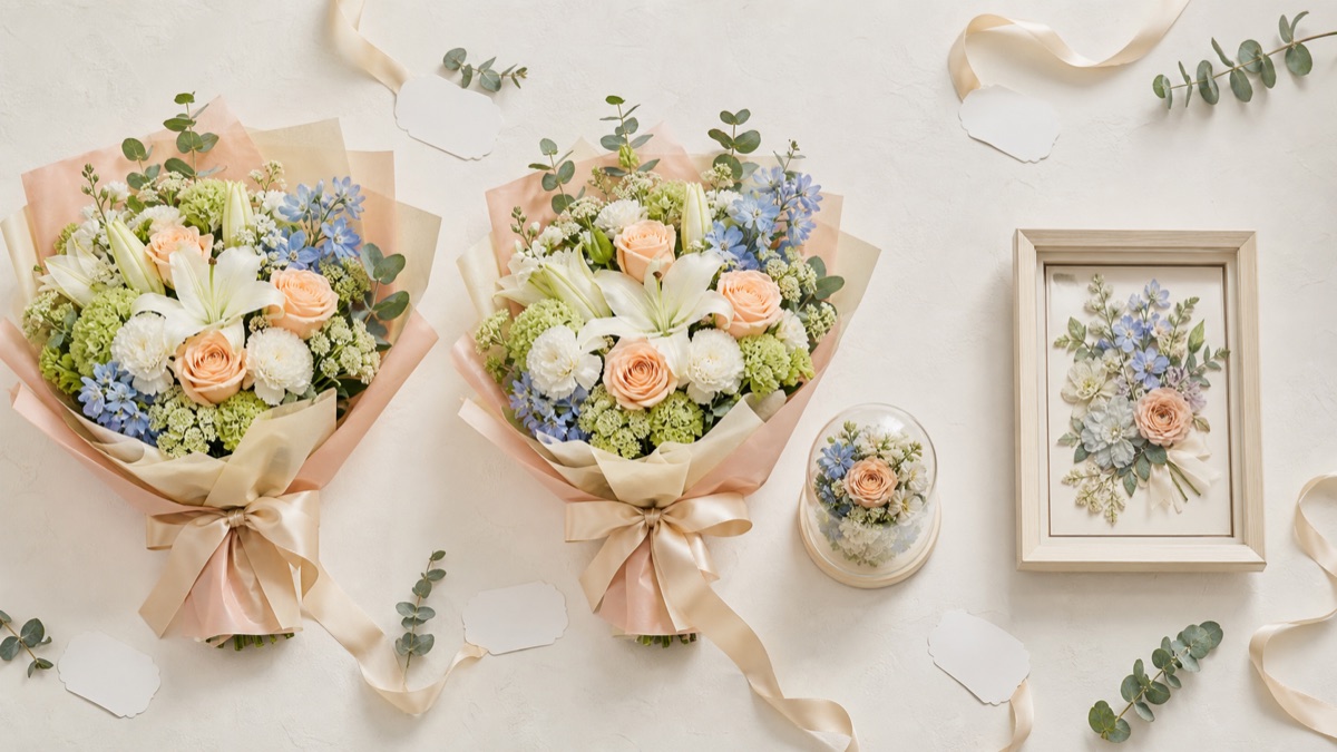 花束だけ、花束と記念品、プリザーブドフラワー単体を比較するイメージ