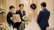 結婚式で両親へ花束とプリザーブドフラワーの記念品を贈るイメージ