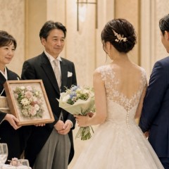 結婚式で両親へ花束とプリザーブドフラワーの記念品を贈るイメージ
