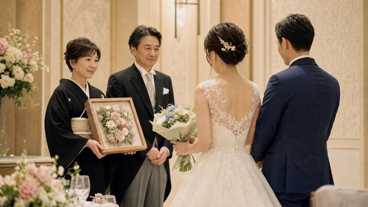 結婚式で両親へ花束とプリザーブドフラワーの記念品を贈るイメージ