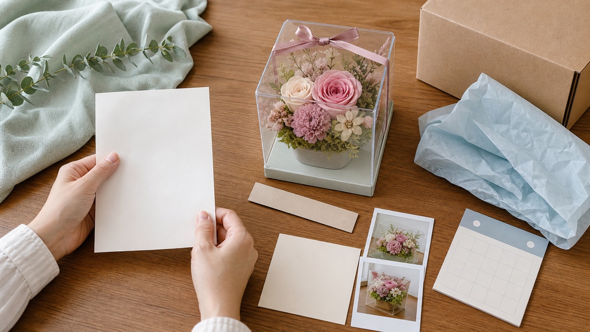 商品写真・実寸・届け日・カード・梱包を注文前に確認するイメージ