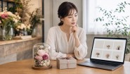 花屋の売場と通販画面を見比べながらプリザーブドフラワーの購入先を考えるイメージ