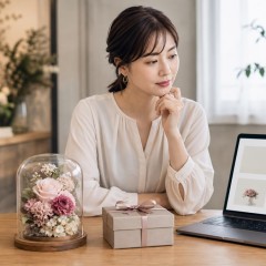 花屋の売場と通販画面を見比べながらプリザーブドフラワーの購入先を考えるイメージ