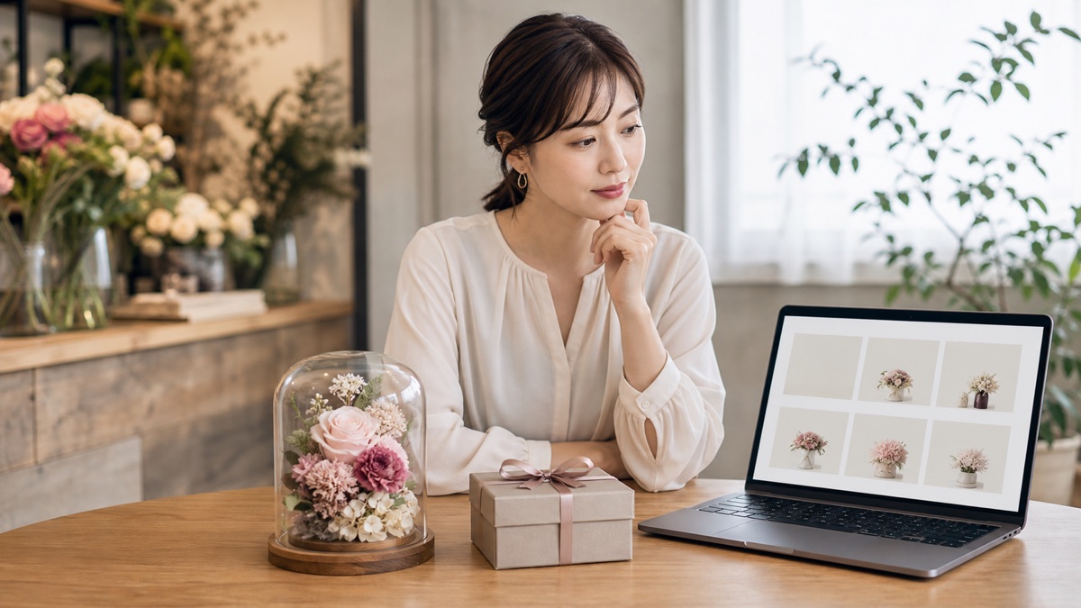 花屋の売場と通販画面を見比べながらプリザーブドフラワーの購入先を考えるイメージ