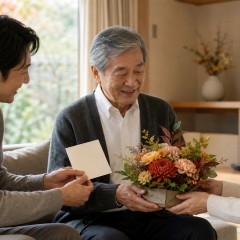 秋の叙勲・褒章の受章祝いを家族で伝える一般的な場面