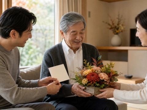 秋の叙勲・褒章の受章祝いを家族で伝える一般的な場面