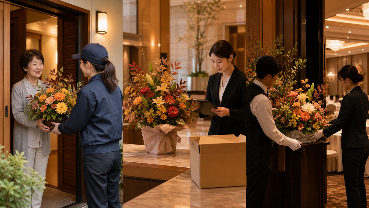 受章祝いの花をご自宅・式典・祝賀会へ贈る場面を整理した一般的なイメージ