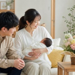 赤ちゃんを抱く夫婦と自宅に届いた花の贈り物
