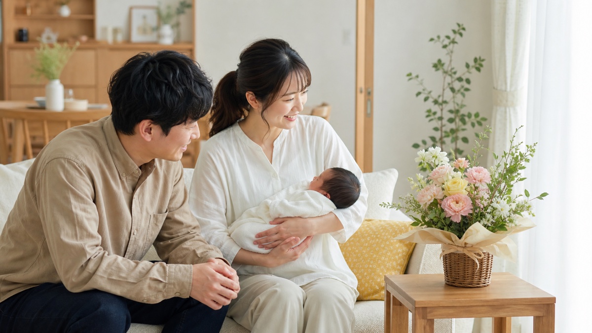 赤ちゃんを抱く夫婦と自宅に届いた花の贈り物