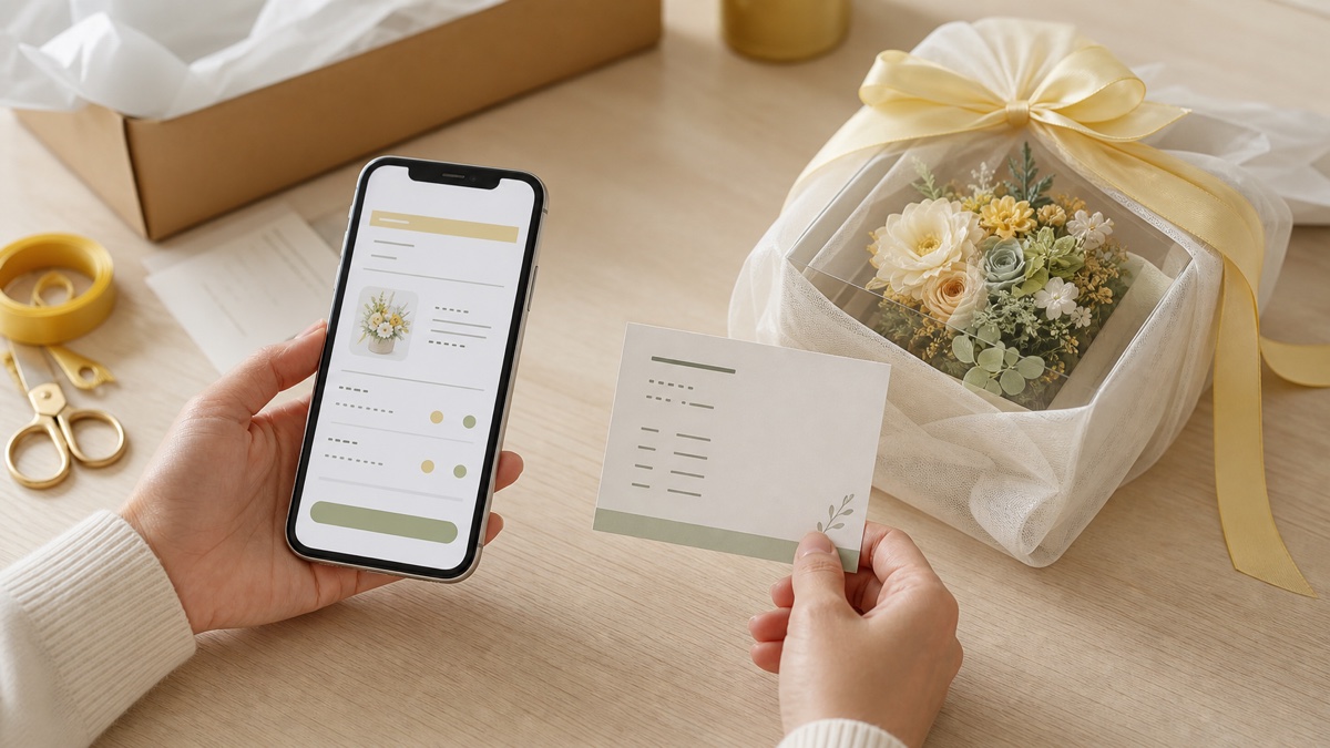 スマートフォンとカードを見ながら花ギフトの注文内容を確認する手元