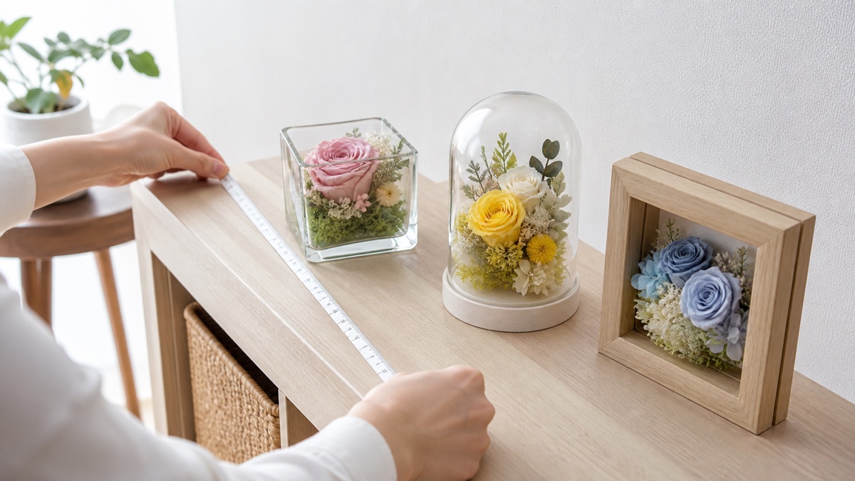 棚の幅を測りながら小型・ドーム・フレーム型の花を比べる様子