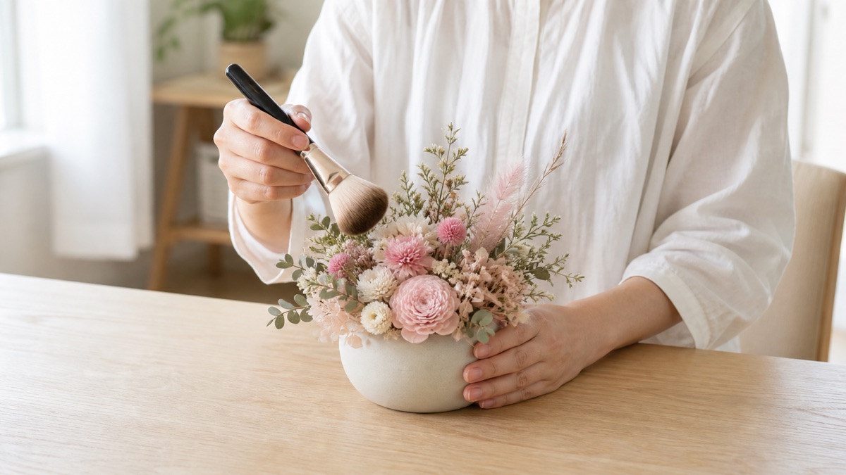 柔らかいブラシで花のほこりを軽く払う様子