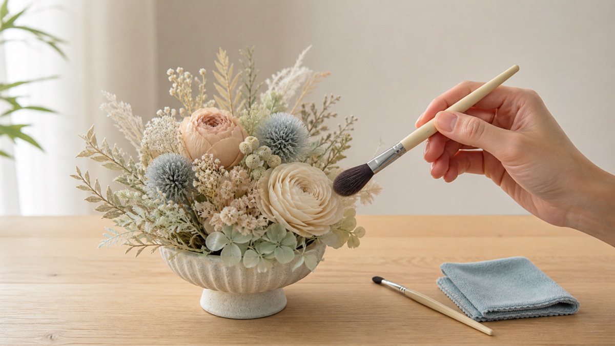 乾いた柔らかいブラシと布を使った花のお手入れ