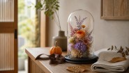 オレンジと紫の秋色の花にカボチャと茶色のリボンを添えた玄関飾り