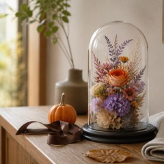 オレンジと紫の秋色の花にカボチャと茶色のリボンを添えた玄関飾り