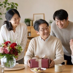還暦と仕事の節目を家族で一緒に祝う一般的な食卓のイメージ
