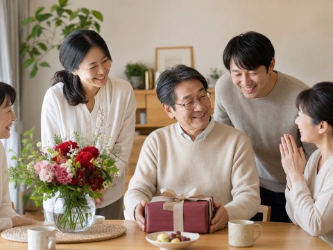 還暦と仕事の節目を家族で一緒に祝う一般的な食卓のイメージ