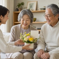 敬老の日に祖父母二人へ一つの花を贈る一般的な家族の場面