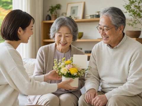 敬老の日に祖父母二人へ一つの花を贈る一般的な家族の場面