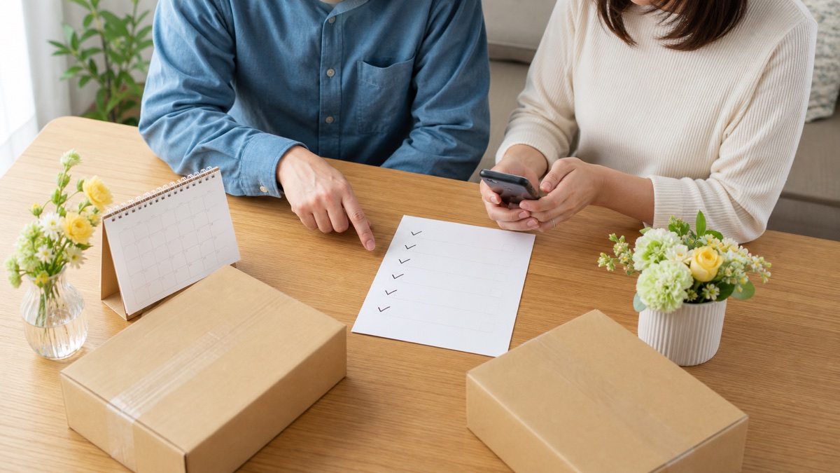 夫婦で両家への敬老の日ギフトの注文内容を確認する場面