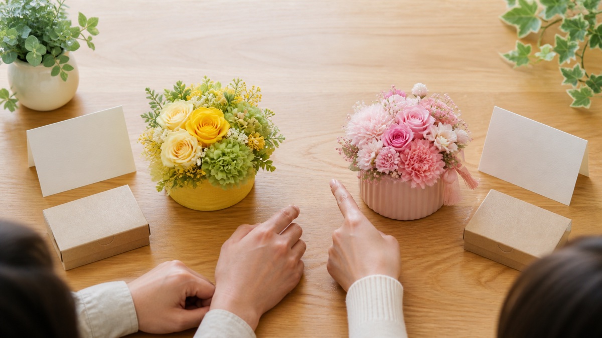実父母と義父母の好みに合わせて黄色とピンクの花を選び分ける場面