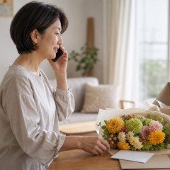 祖父母へ電話をかけながら花ギフトを準備する家族
