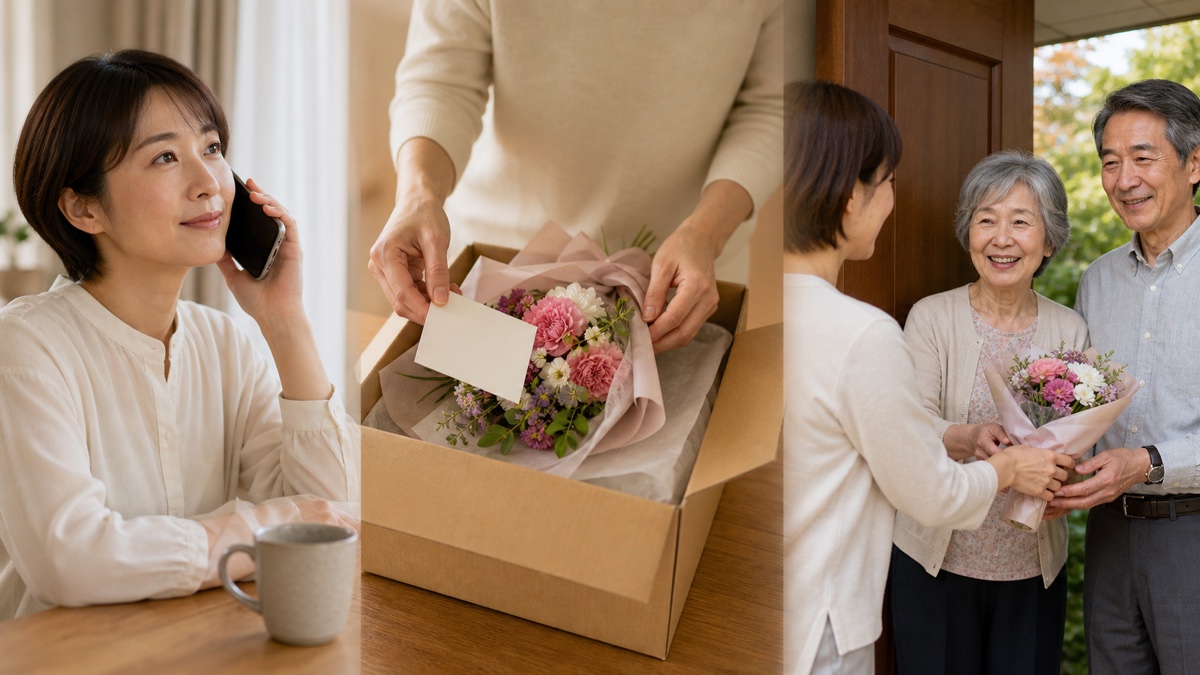 電話連絡と配送と後日の手渡しを表す三つの場面