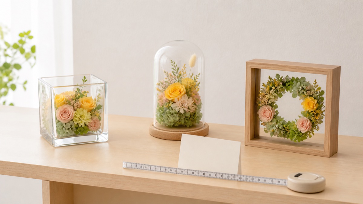 ガラスキューブと透明ドームと木製フレームの花飾りを大きさで比べる棚