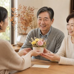 秋のリビングで両親へ小さな花の贈り物を手渡す家族