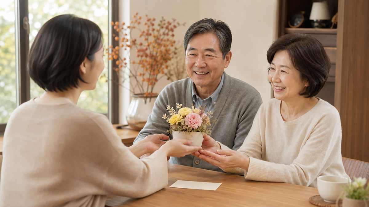 秋のリビングで両親へ小さな花の贈り物を手渡す家族