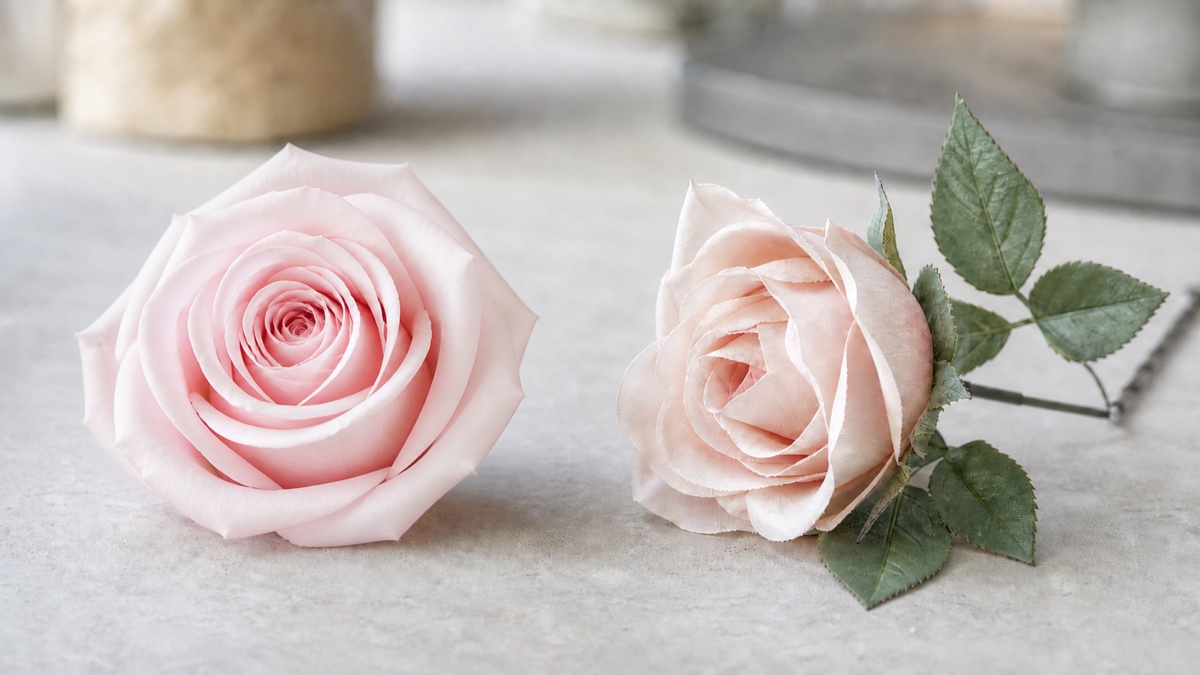 実花を加工した花びらと布素材で作られた花びらの質感を左右で比べる概念イメージ