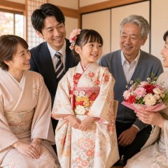 七五三の晴れ着を着た子どもを囲み花を贈る両親と祖父母