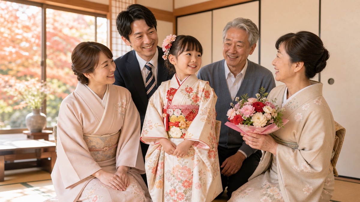 七五三の晴れ着を着た子どもを囲み花を贈る両親と祖父母