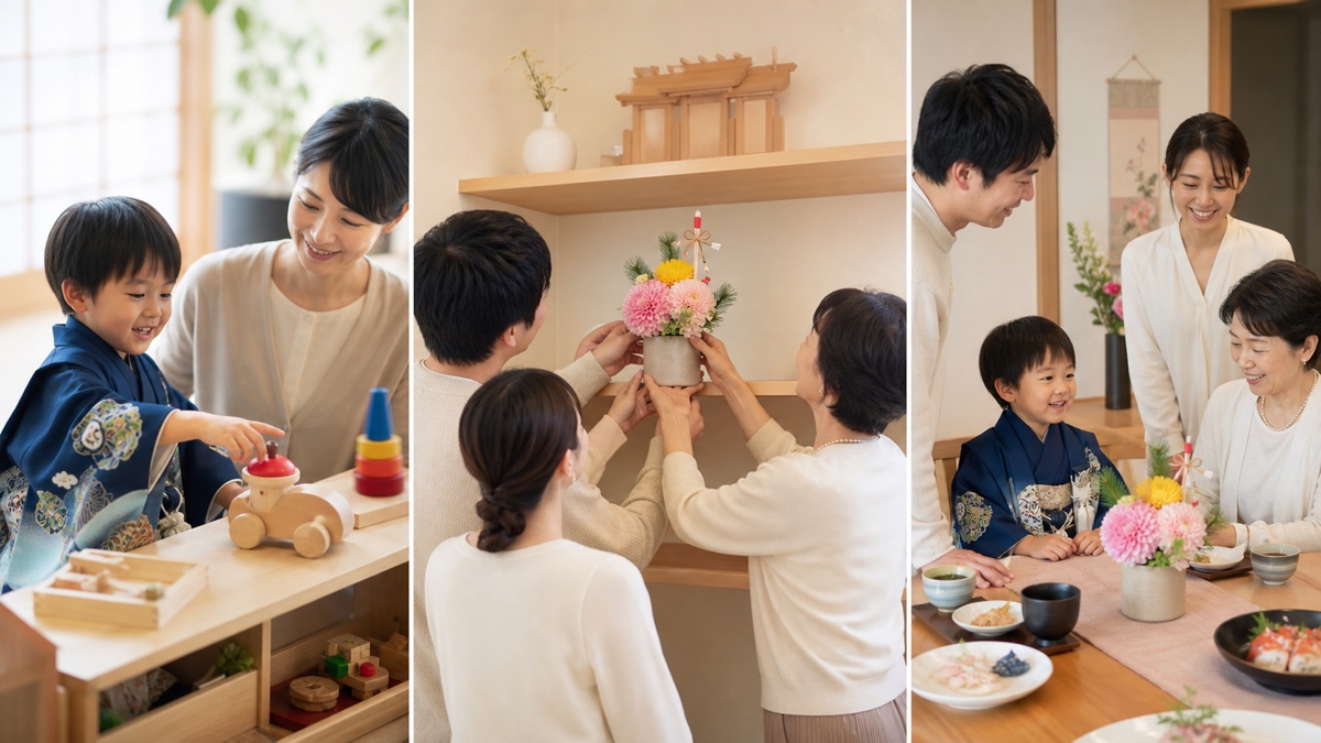七五三祝いを遊びの場面と家族で飾る場面と食事会に分けて考える家族